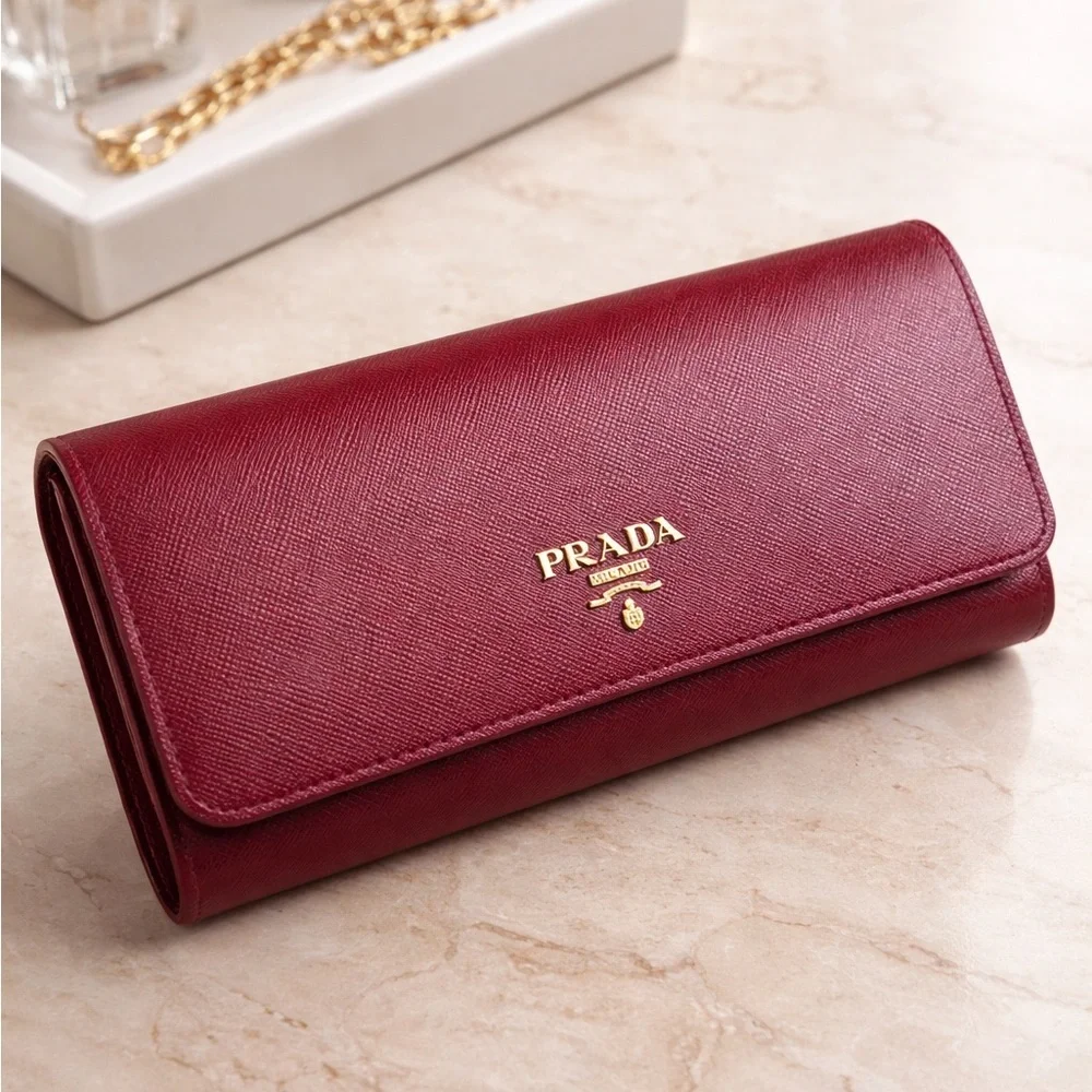 Prada Large Saffiano Leather Wallet Burgundy Like New Authentic
